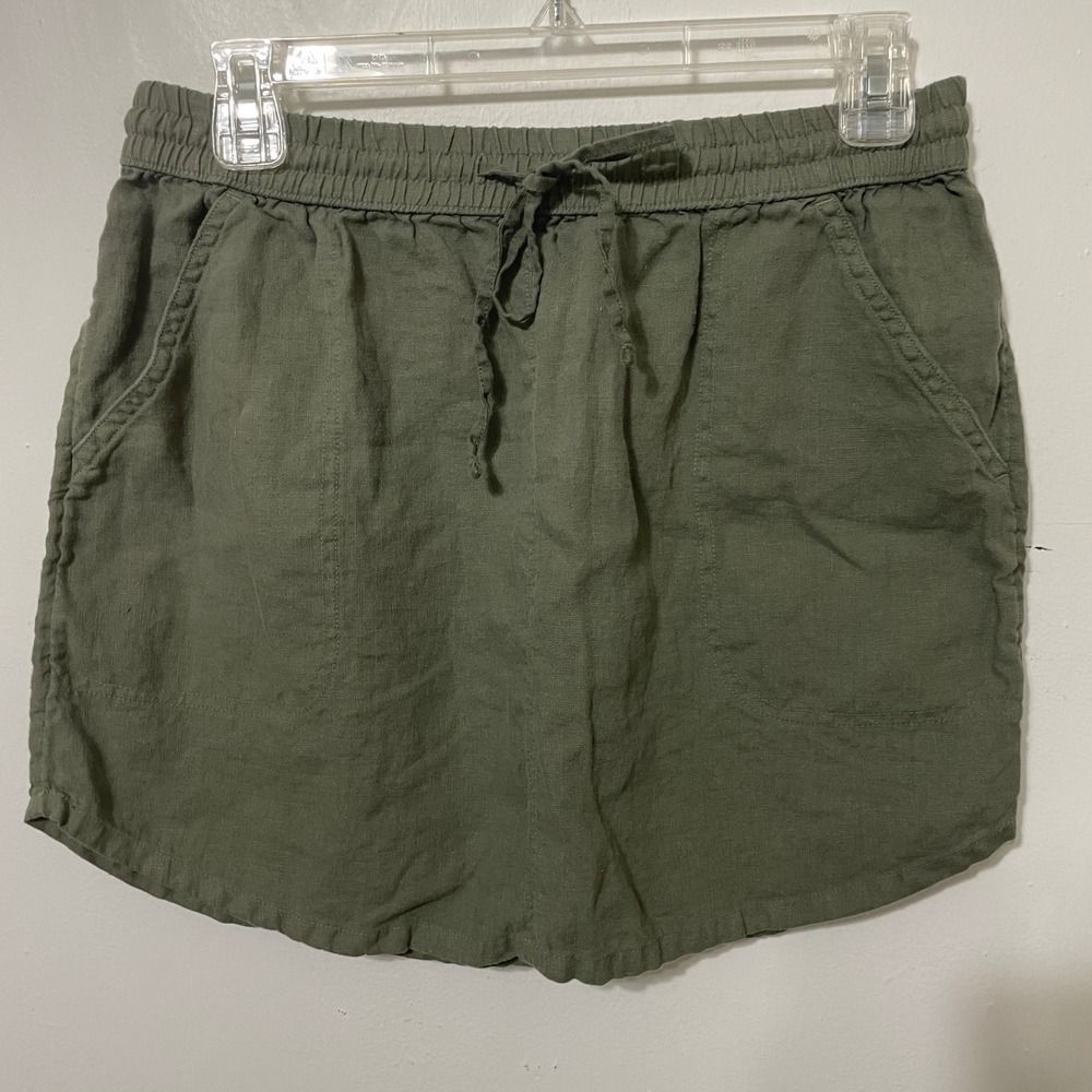 Artisan NY Olive Green 100% Linen Mini Skirt Elastic Drawstring Waist Womens L